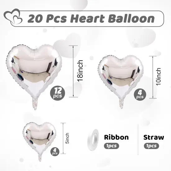 Silver Heart Balloons, Heart Shaped Ballons, 20 Pcs 5/10/18 inch Silver Foil Love Balloons for Valentine's Day Decorations Wedding Engagement Bridal Showers Anniversary Celebrations {2}