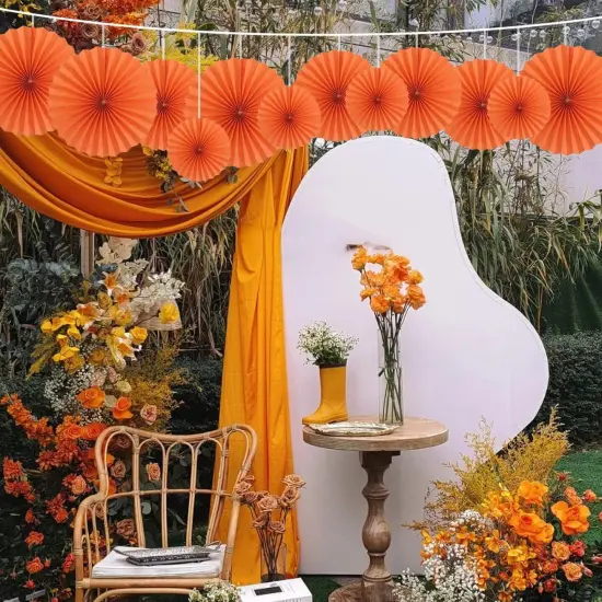 Orange Party Hanging Fans DIY Set - 12pcs Paper Fans with Pinwheels - DIY Paper Craft for Wedding, Birthday, Christmas Party Decoration {4}