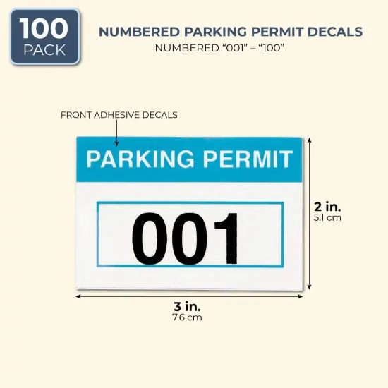 100 Pack Parking Permit Stickers with Front Adhesive, Car Windshield Decals Numbered 001-100 (Light Blue, 3 x 2 In) Multicolor {2}