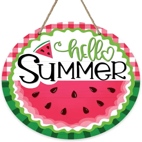 Hello Summer Watermelon Sign for Front Door, Red Buffalo Plaid Check Green Stripes Wood Door Hanger Outdoor Outside Porch Decor, Seasonal Farmhouse Wooden Wreath Indoor Wall Hanging Decoration {1}