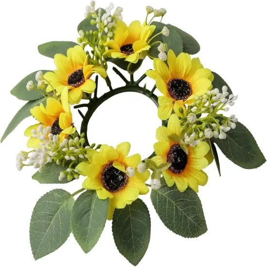 Summer Candle Ring Sunflower Mini Wreath Artificial Flowers Wedding Centerpieces 10" for Home Garland Tabletop Farmhouse Rustic Country Party Decor {1}