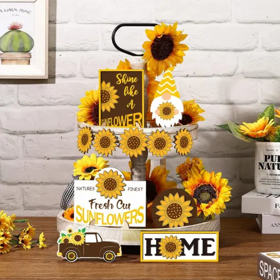 2 Pcs Sunflower Tiered Tray Decor Set Farmhouse Summer Wooden Sign Sunflower Decorations for Home Rustic Sunflower Table Decorations Summer Tiered Tray Decor for Home Kitchen Tabletop {4}