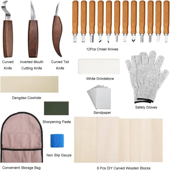 Wood Carving Kit 29 in-1 Wood Carving Tools with 3 Pcs Wood Carving Knives & 12PCS Detail Knives，Basswood Blocks & Gloves & Roll Bag & Strop Block & Polishing Compound Whittling Deluxe Kit {2}