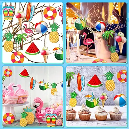 Summer Tree Ornaments Wood Hanging Decoration Beach Wooden Slices Christmas Winter Tree Ornaments with String for Luau Hawaiian Party Supplies(Cute Style, 30 Pieces) {5}
