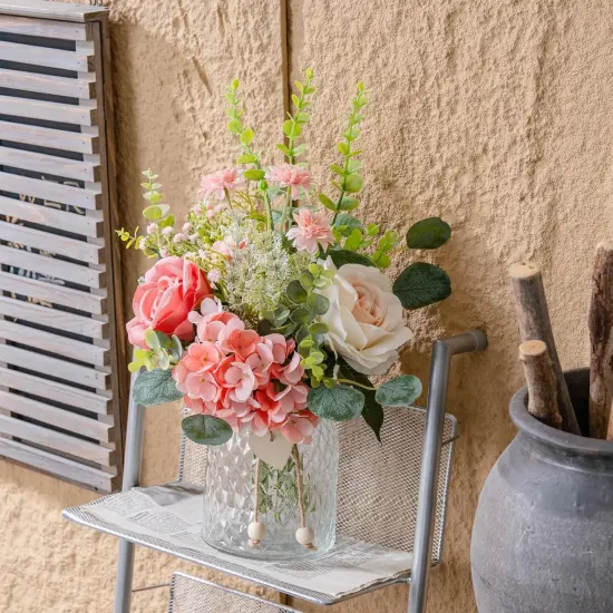 Fake Flowers with Vase, Pink Hydrangea Artificial Flowers in Vase Faux Rose Flowers Arrangement Suitable for Home Kitchen Living Room Fall Spring Decor Office Decoration, Centerpiece Table Decorations {2}