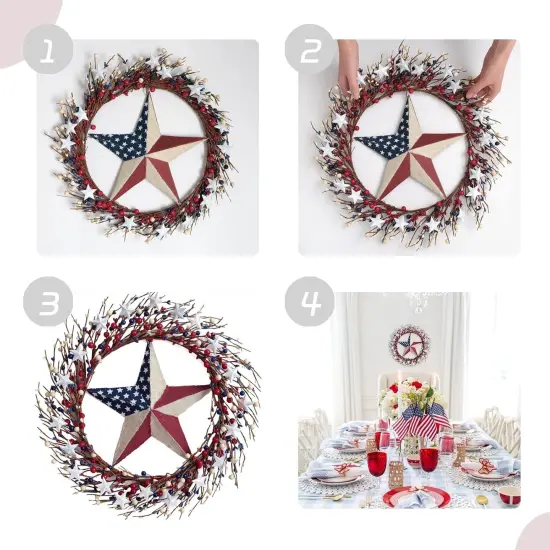 8" Patriotic Wreath with Burlap Flag Star Artificial 4th of July for Wall Decor {4}