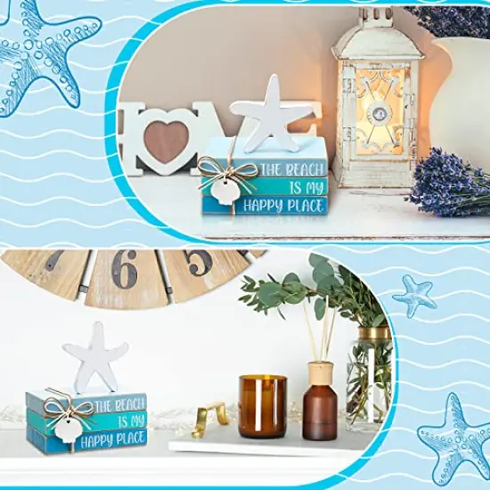 4 Pcs Starfish Shell Beach Tiered Tray Beach Blue Wooden Book Decor Wood Stacked Book Table Centerpiece for Summer Rustic Farmhouse Home Living Room Decorative(Starfish Shell) {3}