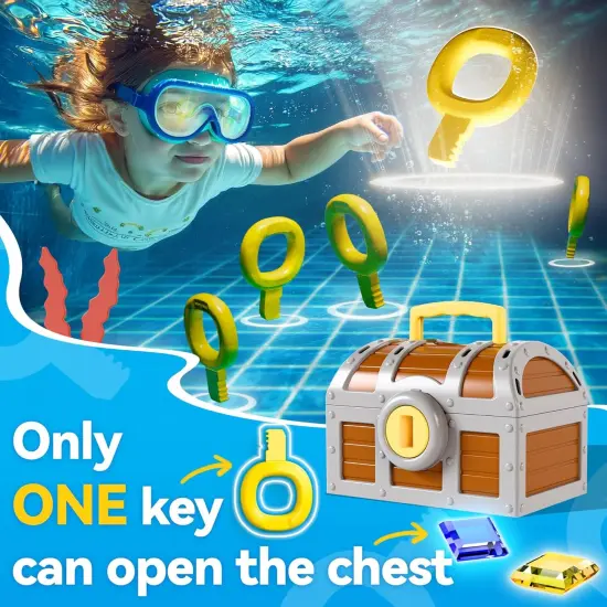 Summer Pool Wave Kids Diving Pool Toy, Large Treasure Chest Water Dive Game W/Keys Gems Fish, Toddler Outdoor Swimming Treasure Box Playset, Fun Summer Swim Party Gifts 3 4 5 6 7 8 10 12 Year Old Boy Girl {3}