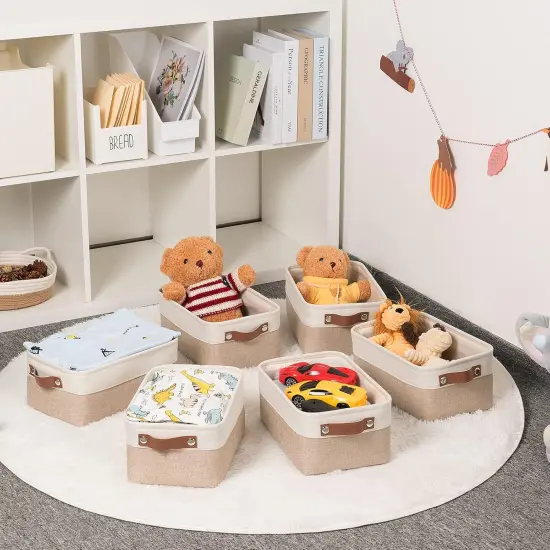 Summer Fabric Baskets for Organizing(6 pack) Collapsible Storage Baskets for Shelves, Closets, Laundry, Nursery, Decorative Baskets for Gifts Empty (White&Khaki, 11.8" x 7.8" x 5.1") {2}