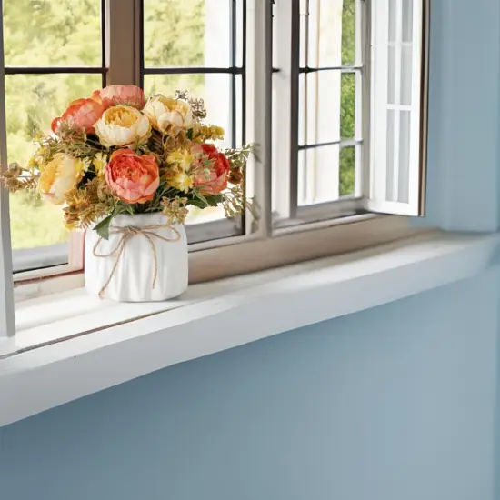 Faux Flowers with Vase,Artificial Silk Flowers in Ceramic Vase,Small Fake Flower Arrangement for Home Office Kitchen Bathroom Coffee Dining Table Centerpiece Decor (Orange,Chrysanthemum) {2}