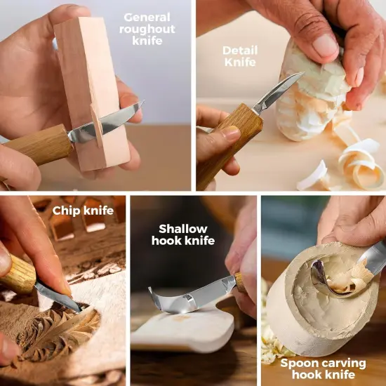 Wood Carving Kit, Deluxe 5pc Whittling Knife Set with Razor-Sharp Knives, Spoon Carving Knife, Wood Whittling Kit for Beginners and Adult Crafts {4}