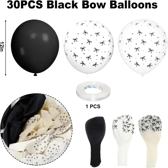 30Pcs Bow Latex Balloon 12 In Black White Bowknot Party Balloon Cute Bowtie Printed Clear Balloons for Birthday Bachelorette Bridal Party Decor {2}