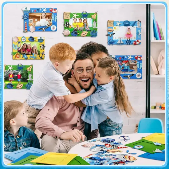 232 Pieces Summer Ocean Beach DIY 5'' x 7'' Picture Frame Craft Kit 32 Summer Under The Sea Felt Photo Frames and 200 Foam Stickers for Holiday Game Activities(Ocean,Cool Color) {5}