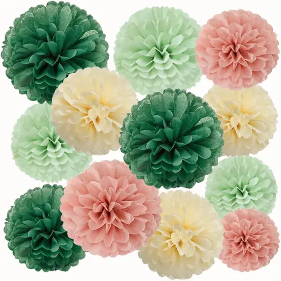 12PCS Paper Tissue Pom Poms Ceiling Decors Sage-Olive Green Pink-Beige Boho Paper Flower Ball for Birthday Bachelorette Wedding Baby Shower Bridal Shower Party Decoration {1}