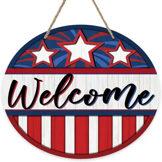 Welcome 4th of July Front Door Sign, Patriotic America Stars Stripes Wood Door Hanger Outdoor Outside Porch Decor, American USA Farmhouse Wooden Wreath Indoor Wall Hanging Decoration {1}