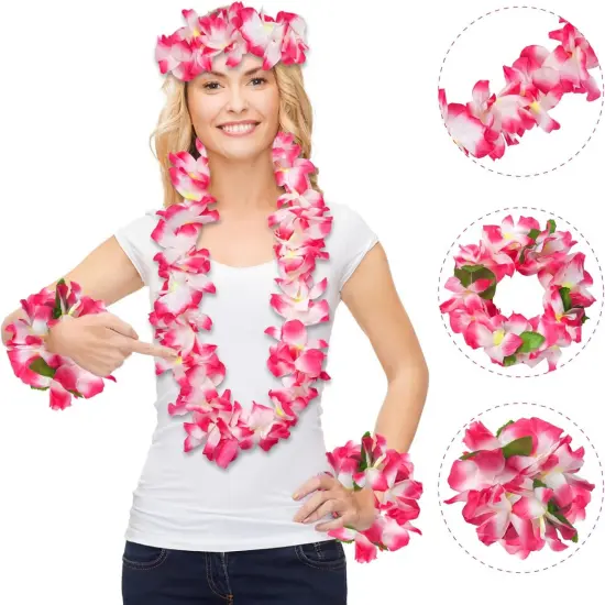 Hawaiian Leis Luau Party Wreath Set - Flower Necklace Headband and Bracelets, Great for Beach Wedding Birthday Holiday Hawaii Theme Party Activity Graduation Decoration (Pink) {2}