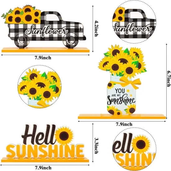 3pcs Sunflower Wooden Table Centerpiece Sign Decoration, Hello Sunshine Wood Tabletop Signs, Summer Farmhouse Tiered Tray Table Topper Signs Decor for Home Kitchen Party Favor Photo Props {2}