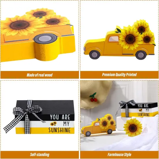 5 Pieces Farmhouse Tiered Tray Decor Items Rustic Wooden Mini Truck Bundle Books Stack Sign for Summer Spring Home Harvest Table Shelf Decorations(Sunflower Style) {2}