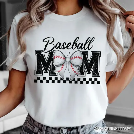 Baseball Mom Coquette Bow Retro T-Shirt, Stylish Game Day White Tee for Trendy and Proud Sports Mothers {5}