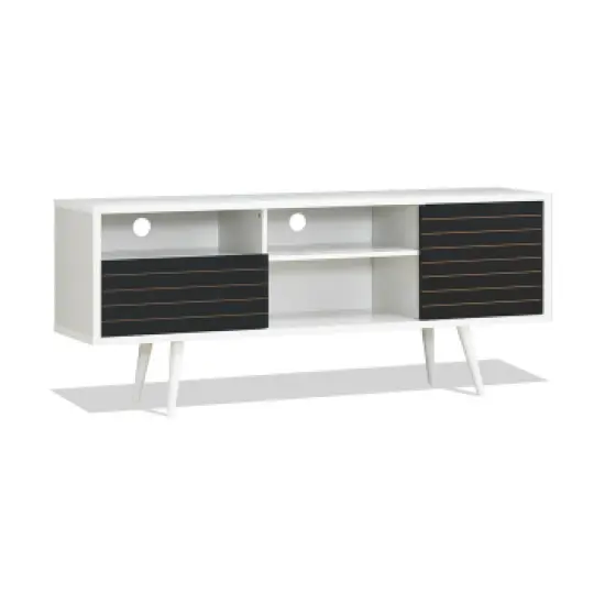 MDF Modern TV Stand, 65 inches Mid-Century, Storage Shelves and Safe Walnut & White {9}