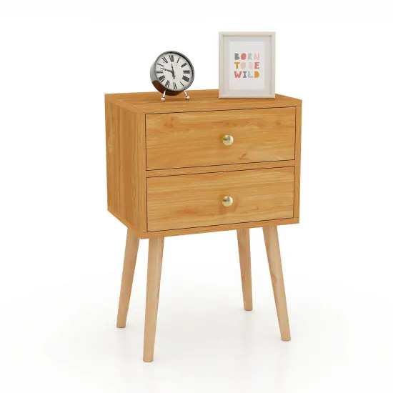 Modern Floor Standing 2 Drawers Nightstand with Wooden Legs and Golden Knob Brown {9}