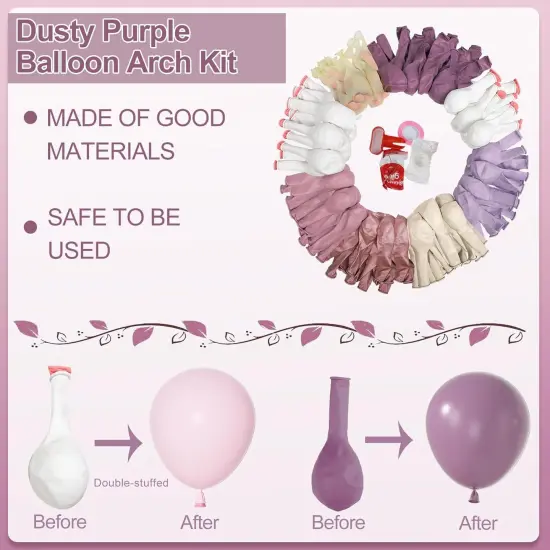 173Pcs Dusty Purple Balloon Arch Garland Kit, Double-stuffed Pink White Sand Lavender Lilac Light Purple Rose Gold Confetti Balloons for Baby Bridal Shower Wedding Birthday Party Decorations {3}
