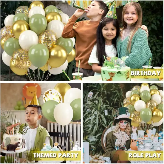 Sage Green and Gold Balloons, 50 PCS Sage Green Party Balloons, 12 Inch Metallic Gold Confetti Avocado Green Sand White Latex Balloons for Birthday Jungle Safari Wedding Baby Shower Party Decorations {4}