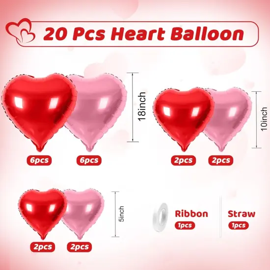 Red Pink Heart Balloons, Heart Shaped Ballons, 20 Pcs 5/10/18 inch Red Pink Foil Love Balloons for Valentine's Day Decorations Wedding Engagement Bridal Showers Anniversary Celebrations {2}
