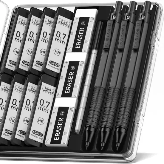 Four Candies Mechanical Graphite Pencil Set, 3pcs Black Metal Pencils with Anti-Skid Grip, Ideal for Artists, Professionals, Teachers and Students {1}