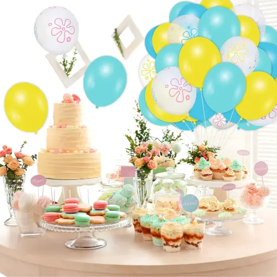 60Pcs Cartoon Sponge Party Balloon Bikini Flower Bubble Printed Latex Balloon Teal Blue Yellow Clear Balloon for Birthday Baby Shower Party Decor, 12 in {5}