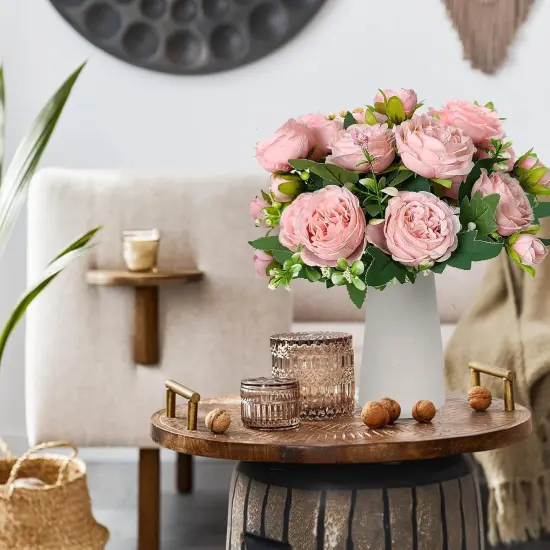 Faux Peony Flowers with Vase Fake Bouquet with Stems Artificial Greenery for Floral Arrangements Silk Plants for Home Decor Indoor Rustic Coffee Centerpiece Table Mother's Day(Pink) {4}