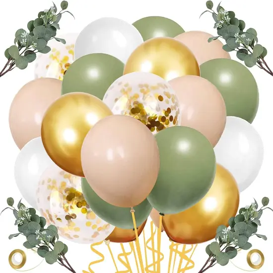 64 PCS Artificial Eucalyptus Leaves Stems Sage Green Blush Balloons, 12 Inch Sage Green Blush Nude Balloons with Artificial Eucalyptus for Baby Bridal Shower Birthday Safari Party Decoration {1}