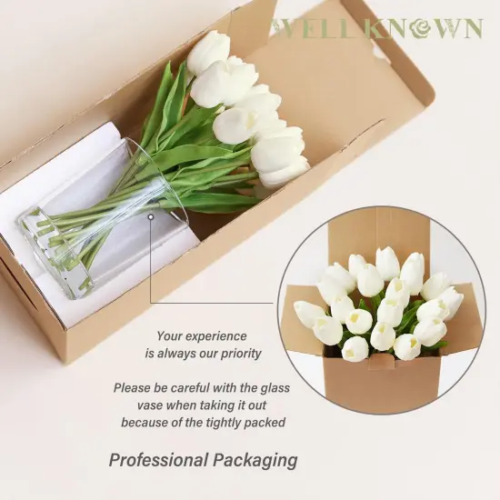 20 Pcs White Tulips Artificial Flowers in Vase, Fake Flowers in Glass Vase, Real Touch Fake Tulips Artificial Flowers in vase with Faux Water for Home Decoration, Dining Table {4}