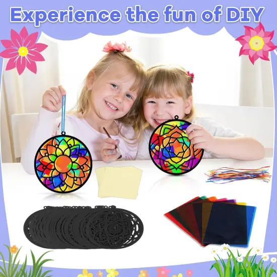 32 Sets Suncatchers Craft Kit DIY Flower Window Stained Glass Effect Paper Summer Home School Classroom Decoration Art Craft Creative Activity Project Kid Gift Favor {4}