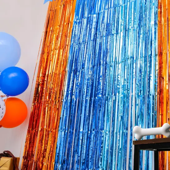 Blue Dog Party Decorations - 2 Packs of 3.3x6.6 ft Orange and Light Blue Foil Fringe Curtains for Birthday Party Supplies, Blue Foil Tinsel Photo Booth Prop Backdrop {4}