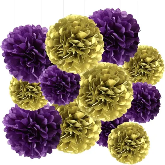 Purple and Gold Tissue Paper Pom Poms Hanging Tissue Flowers Poms Decorations Pack of 12 for Wedding, Birthday,Party Backdrop Decor ect. (12", 10",Tissue Paper Flowers) {1}