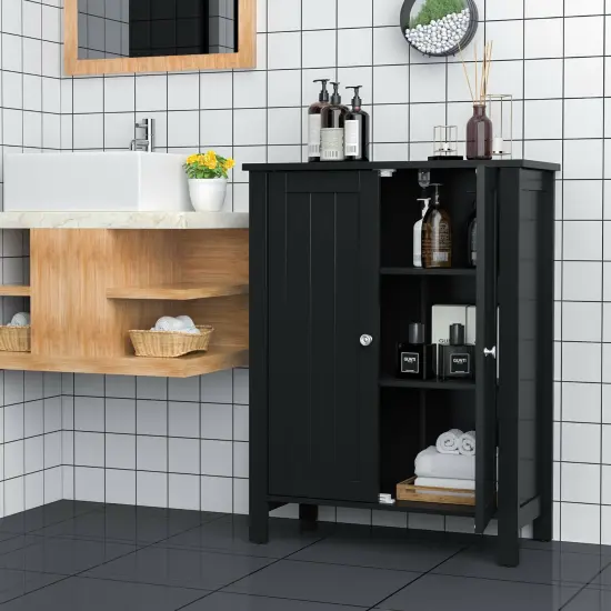 MDF Floor Cabinet with Adjustable Shelves and Double Doors Black {2}