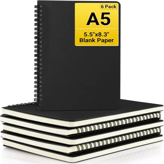 Hardcover Spiral Notebook Unlined, A5 6 packs 5.5&rdquo;x8.3&ldquo; Blank Travel Writing Notebooks Journal, Notepad Sketchbook, College Office Business Subject Diary Spiral Journal-Black Cover {1}