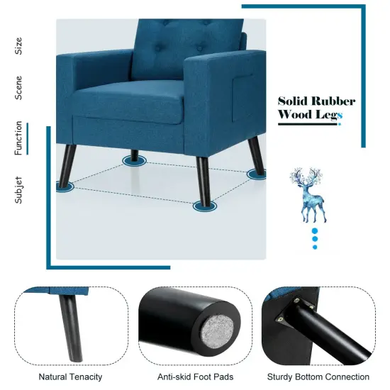 Modern Button Tufted Accent Chair with Rubber Wood Legs and Wide Backrest Ideal for Any Room Blue {6}