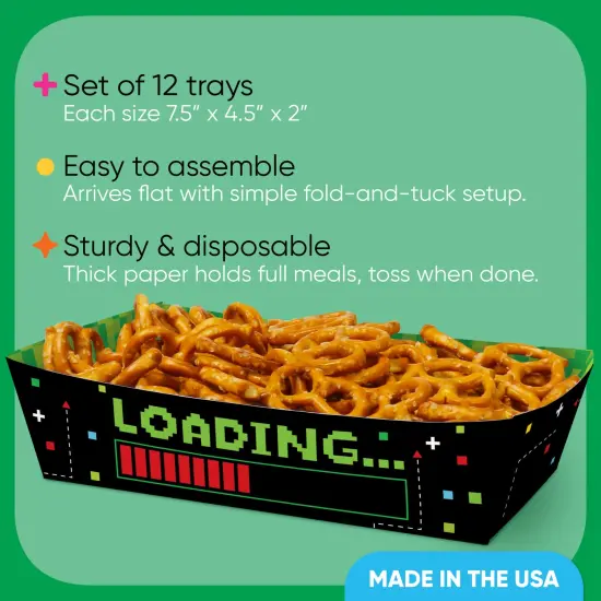 Big Dot of Happiness Pixel Video Game Party Paper Food Trays, Disposable Double-Sided Paper Food Holders for Nachos, Hot Dogs, French Fries - 12 Ct {4}