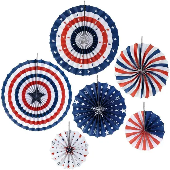 4th/Fourth of July Patriotic Party Decorations Set- Red White/Silver Blue Star Streamers and 6Pcs Red White Blue Hanging Paper Fans for American Independence Day Party Decor Supplies {4}