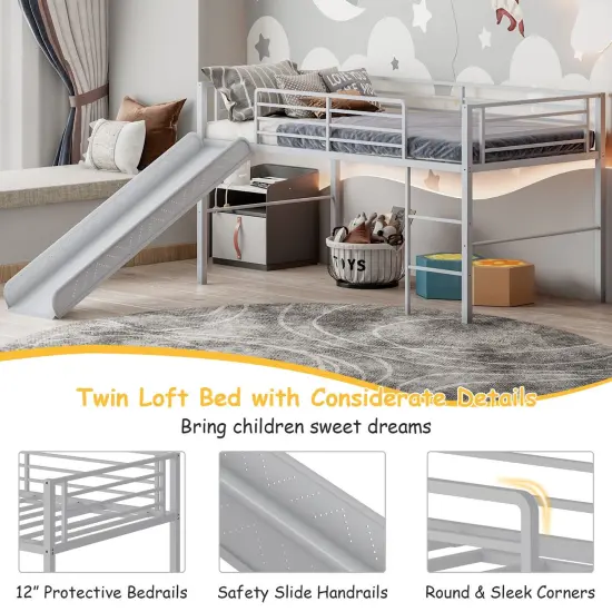 Twin Metal Loft Bed with Slide, Fun, Safe and Spacious Silver {5}