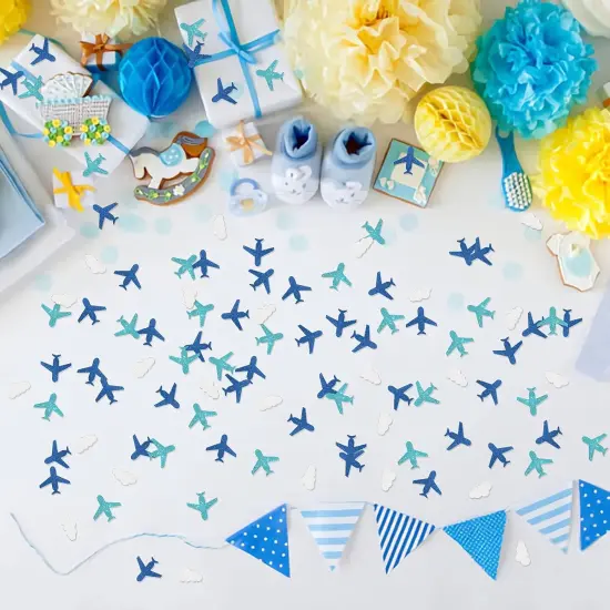 100pcs Glitter Cloud & Airplane Confetti, Plane Table Confetti, Baby Shower Party Decor, Boy Birthday Party Decorations, Clould Paper Scatter - Blue & White {4}