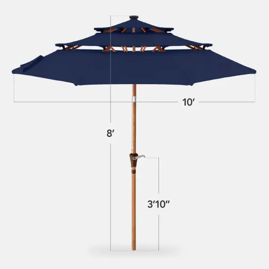 Best Choice Products Woodgrain Pattern 10ft 3-Tier Solar Patio Umbrella w/ 24 LED Lights, Tilt Navy Blue {2}