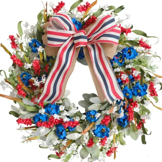 20 Inch Patriotic Red White Blue Flowers Wreath Wall Decor Forth of July Lamb Ears Leaves Wreath for Inside and Outside {1}