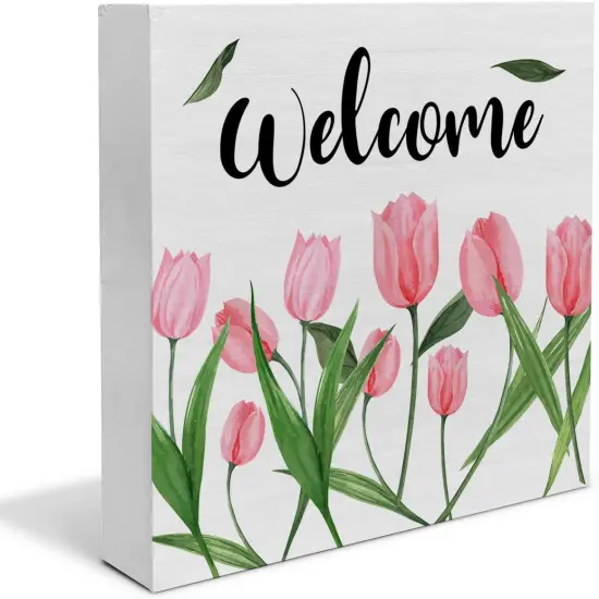 Flower Tulips Summer Tabletop Decor Welcome Wood Box Sign Art Blocks Desk Sign Rustic for Shelf Tabletop Home Decor 5 X 5 Inch {5}
