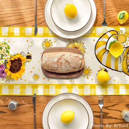 Yellow Buffalo Plaid Sunflower Gnome Bee Summer Table Runner, Spring Kitchen Dining Table Decoration for Home Party Decor 13x72 Inch {3}