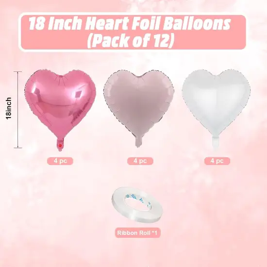 Pink White Heart Balloons, 18 Inch White Rose gold Heart Shape Balloon, 12PCS Pink and Rose Gold Helium Mylar Heart Balloon for Birthday Baby Shower Engagement Wedding Valentine Party Decoration {2}
