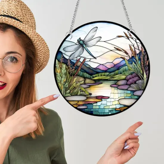 Summer Dragonfly Acrylic Window Hangings, Valley Stained Decor Nature Scenery Stained Art Wall Decoration Gift for Home Office Housewarming {3}