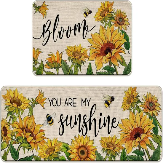 Spring Summer Sunflower Kitchen Rugs Set of 2, Fall Flower Bee Bloom You are My Sunshine Kitchen Mats Home Decor, Floral Seasonal Floor Door Mat Decorations - 17x29 and 17x47 Inches {1}